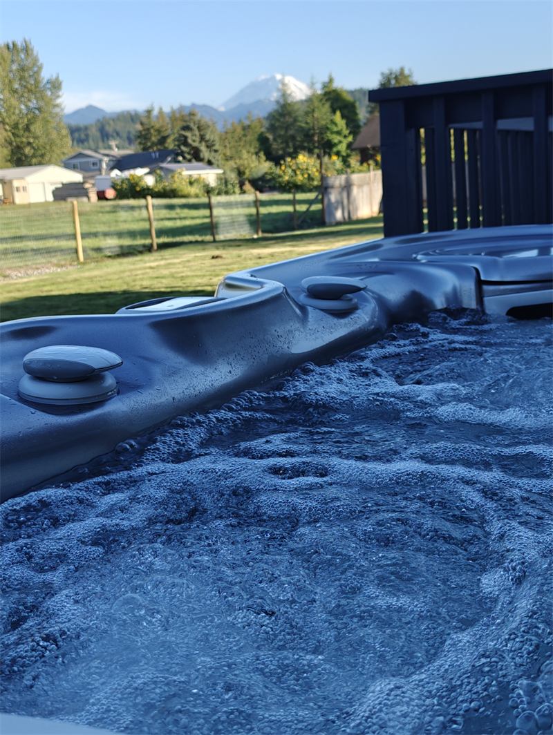Hot tub running with Mount Rainier and sunflowers behind
