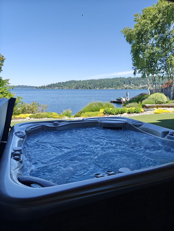 Deep-blue churning water on a lakefront lawn with a dock behind